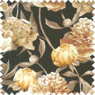 Black orange brown beige color beautiful big flower with long stem with leaf and flower buds on pure cotton background curtain fabric