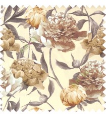 Brown grey beige white color beautiful big flower with long stem with leaf and flower buds on pure cotton background curtain fabric