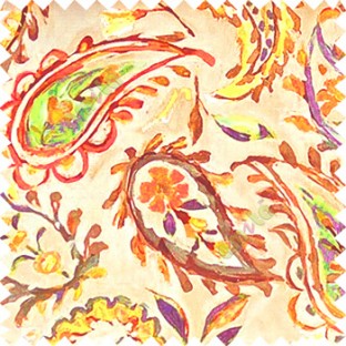 Brown yellow purple orange green beige color combination traditional paisley patterns with flower leaf texture finished on pure cotton curtain fabric