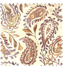 Dark brown beige green color combination traditional paisley patterns with flower leaf texture finished on pure cotton curtain fabric