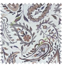 Grey brown purple white color combination traditional paisley patterns with flower leaf texture finished on pure cotton curtain fabric