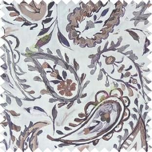 Grey brown purple white color combination traditional paisley patterns with flower leaf texture finished on pure cotton curtain fabric