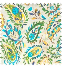 Green orange blue yellow brown color combination traditional paisley patterns with flower leaf texture finished on pure cotton curtain fabric