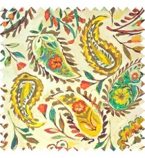 Yellow brown blue green beige red orange color combination traditional paisley patterns with flower leaf texture finished on pure cotton curtain fabric