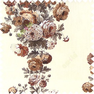 Beautiful and pure natural finished with elegant look dark chocolate brown grey color flowers matured brown leaf flower-buds design in vertical hanging pattern watercolor print  on cream color base pure cotton curtain fabric