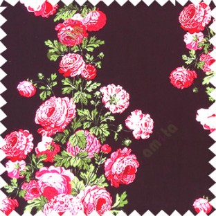 Beautiful and pure natural finished with elegant look pink maroon white color flowers matured green leaf flower-buds design in vertical hanging pattern watercolor print  on pure black color base pure cotton curtain fabric