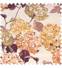 Dark brown beige orange color big bunch of small flowers pattern with supported long stem and hanging leaf designs watercolor print on pure cotton curtain fabric
