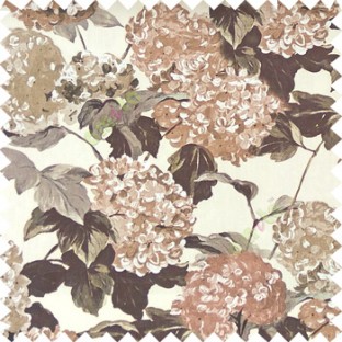 Brown beige grey color big bunch of small flowers pattern with supported long stem and hanging leaf designs watercolor print on pure cotton curtain fabric