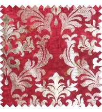 Red rich gold damask design velvet finish nylon curtain fabric