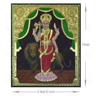 Durga mataji with lion gold foil tanjore painting 