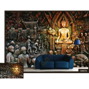 3d meditating buddha and working people wall mural