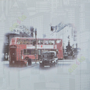 White grey black red skyscraper drawing with double decker bus tax home décor wallpaper for walls