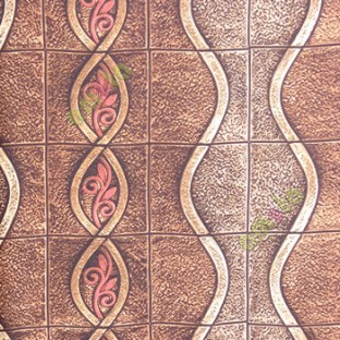 Brown copper maroon beige color vertical flowing lines with floral leaf swirls self texture rough gradients vertical and horizontal crossing lines checks concrete finished wall traditional designs 3D home decor wallpaper