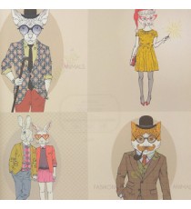 Grey beige white red yellow brown color female cat old cat couple of rabbit wearing spectacles kids homes décor wallpaper