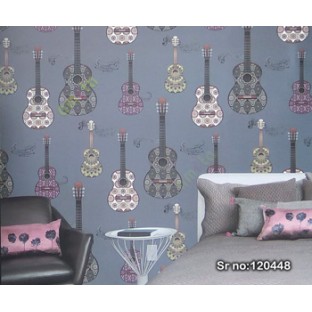 Black brown white purple blue grey color musical instruments guitar with pattern in different colors musical symbols kids home décor wallpaper