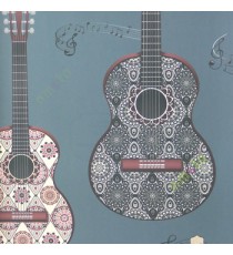 Brown purple black grey white color musical instruments guitar with pattern in different colors musical symbols kids home décor wallpaper