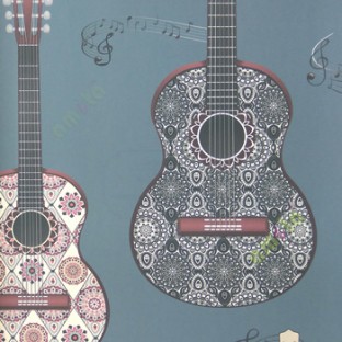 Brown purple black grey white color musical instruments guitar with pattern in different colors musical symbols kids home décor wallpaper