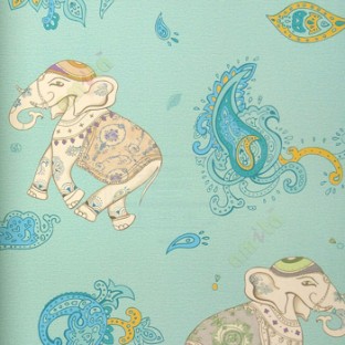 Blue yellow brown grey green color traditional designs elephant paisley flowers good luck elephant home decor wallpaper