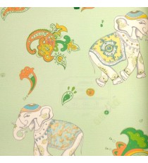 Green blue orange beige white color traditional designs elephant paisley flowers good luck elephant home decor wallpaper