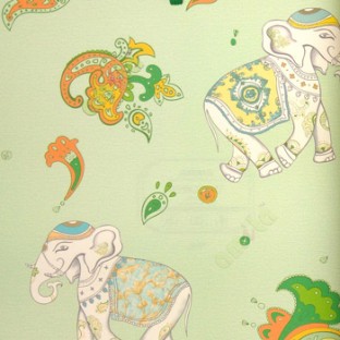 Green blue orange beige white color traditional designs elephant paisley  flowers good luck elephant home decor wallpaper