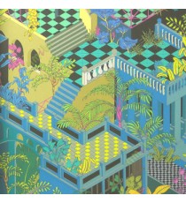 Yellow green black brown blue pink color natural tree buildings stairs flower hanging plants tiles geometric patterns windows leafs glasses  home décor wallpaper