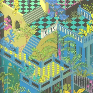 Yellow green black brown blue pink color natural tree buildings stairs flower hanging plants tiles geometric patterns windows leafs glasses  home décor wallpaper
