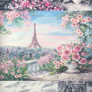 Pink green blue grey brown color beautiful flowers Eiffel tower plants roses flower buds ladders stone walls painting watercolor print home decor wallpaper
