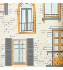 Orange blue grey white color buildings arch slider window bricks pattern square horizontal lines heart shaped grills pattern home décor wallpaper