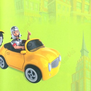 Green yellow black grey brown color cartoons beautiful two seater car driving by king metal helmet big wheel cars buildings antenna city skyscrapers kids home décor wallpaper
