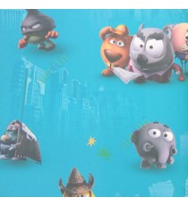 Blue orange pink yellow grey green color cartoon elephants angry confused puppy stars skyscrapers big buildings kids home décor wallpaper