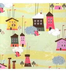 Pink black white green grey blue color beautiful small houses temples tree traditional designs temple flags factory birds home décor wallpaper