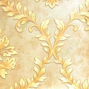 Brown gold color big sized damask design floral leaf and swirls border texture finished wallpaper 