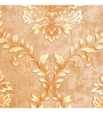 Brown gold black color big sized damask design floral leaf and swirls border texture finished wallpaper