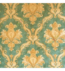 Gold green brown color damask and ogee pattern boarder with swirl and leaf heart shaped flower texture finished background wallpaper