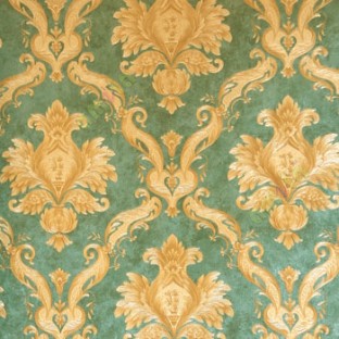 Gold green brown color damask and ogee pattern boarder with swirl and leaf heart shaped flower texture finished background wallpaper