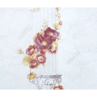 Beautiful flower hanged in the beautifully carved palace pillar maroon white grey yellow colors combination wallpaper