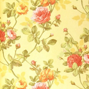 Maroon Pink color beautiful rose with green color small rose buds and green leaf with hanging rose tree mustard yellow background wallpaper
