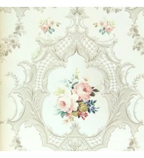 Traditional look grey white pink purple green color combination palace finished wall with rose in decorated frames wallpaper