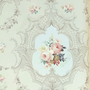 Traditional look green pink white grey color combination palace finished wall with rose in decorated frames wallpaper