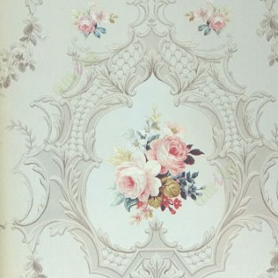 Traditional look green pink white grey color combination palace finished wall with rose in decorated frames wallpaper