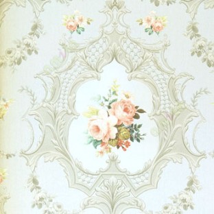 Traditional look grey green purple blue color combination palace finished wall with rose in decorated frames wallpaper