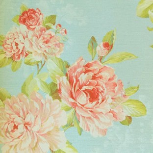 Very big rose pattern Traditional looks in pink white green color combination with texture leaf and rose buds in hanging long stems on horizontal texture lines wallpaper