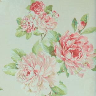 Very big rose pattern Traditional looks in pink white lemon green blue mixed color combination with texture leaf and rose buds in hanging long stems on horizontal texture lines wallpaper