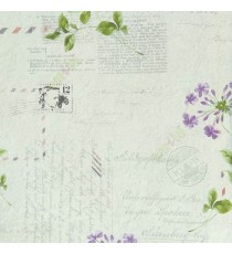 Purple white grey black green textured background old type of news papers and letters written and stamped with fresh beautiful floral long leafy stem vintage car wallpaper
