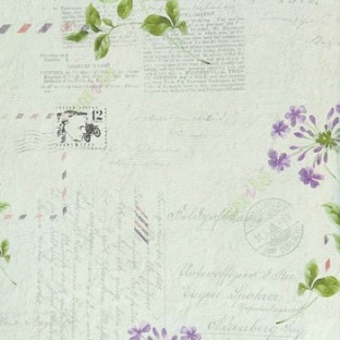 Purple white grey black green textured background old type of news papers and letters written and stamped with fresh beautiful floral long leafy stem vintage car wallpaper
