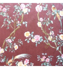 Natural maroon pink yellow green color beautiful roses pattern long bending tree and bird with long tail wallpaper
