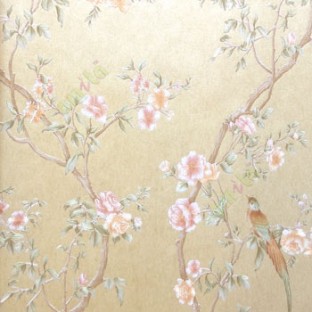 Natural Beige green maroon pink brown color beautiful roses pattern long bending tree and bird with long tail wallpaper