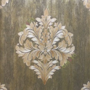 Big carved finished damask design traditional gold black brown green single big design with texture background wallpaper