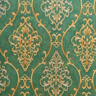 Green gold color traditional damask design with continues ogee pattern texture carved finished wallpaper