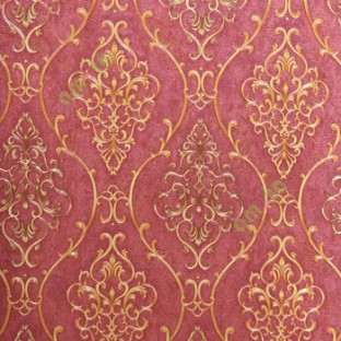 Gold maroon color traditional damask design with continues ogee pattern texture carved finished wallpaper